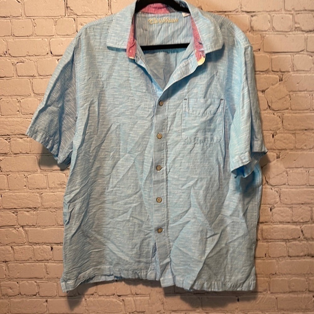 CARIBBEAN Short Sleeve Button Up Linen Cotton Blend Blue Size XL